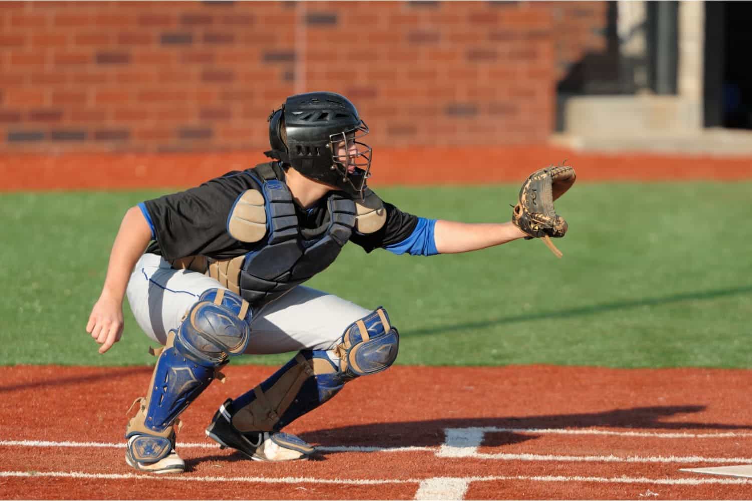 A baseball catcher wearing protective gear squats behind home plate on a field with lush Avondale Turf and Landscape, holding a glove out to catch a pitch. A brick wall is visible in the background.
