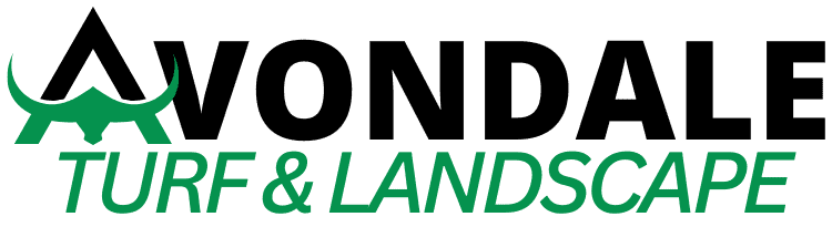 Logo for "Avondale Turf & Landscape" with a stylized green letter "A" incorporating horn shapes, "AVONDALE" in bold black letters, and "TURF & LANDSCAPE" in green italic letters underneath.